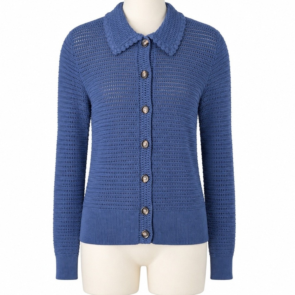 Ann Taylor Cardigan Sweater Womens Small Blue Open Knit Scallop Collar Button Up